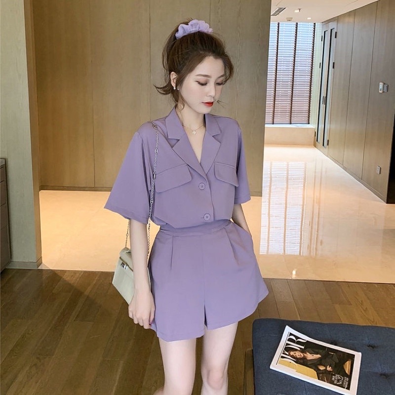 Set Bộ Áo Blazer Ngắn Tay & Quần Short Lưng Thun Form Rộng Thoải Mái Ulzzang Style