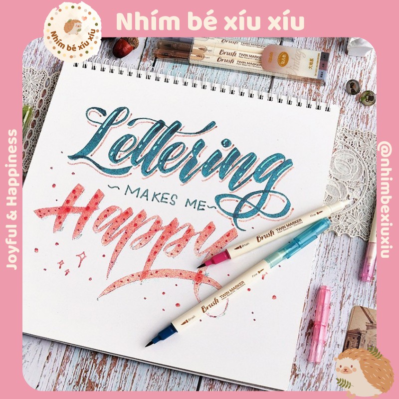 Set 3 bút lông 2 đầu TWIN MARKER BRUSH PEN viết calligraphy nét thanh nét đậm nhimbexiuxiu VT339