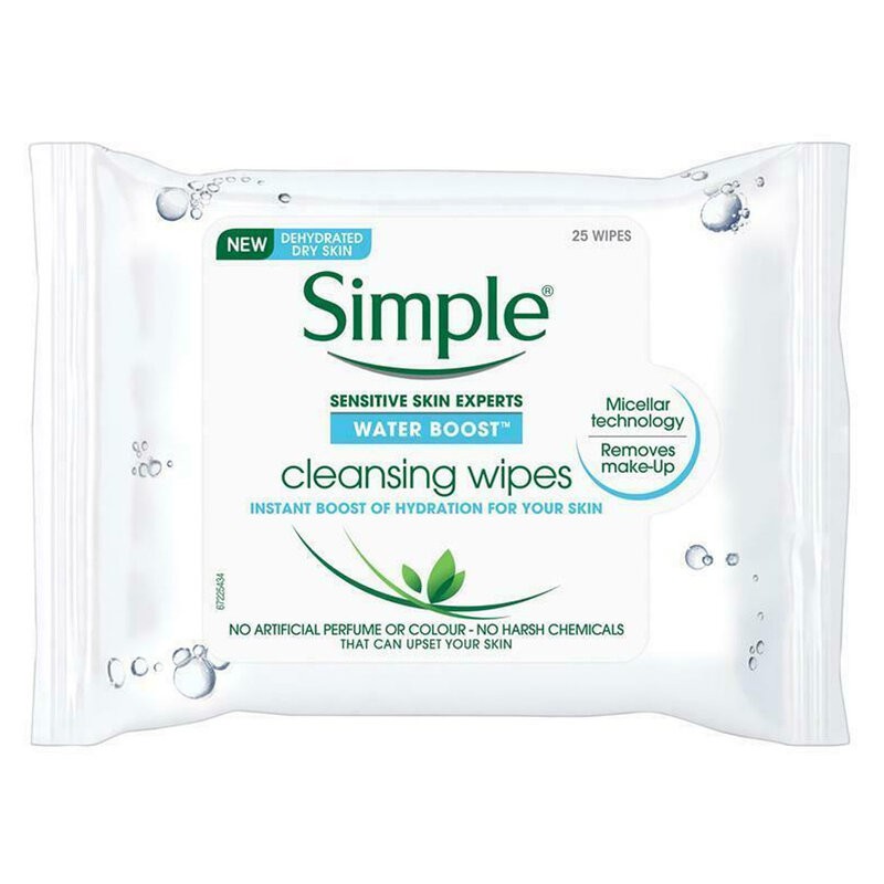 Khăn Giấy Tẩy Trang Simple Water Boost Hydrating Cleansing Wipes Removes Makeup Làm Sạch, Dưỡng Ẩm Da 25 Miếng