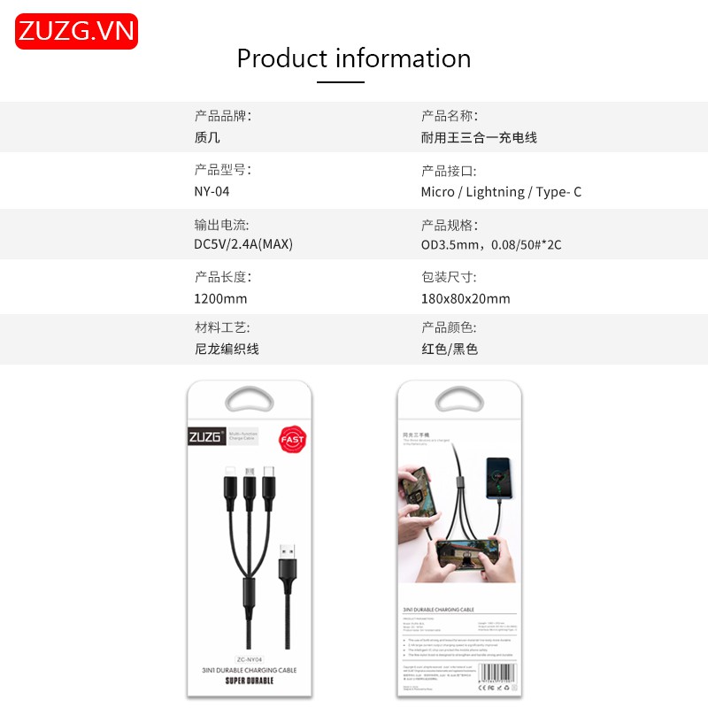 CÁP SẠC NHANH 3 TRONG 1 - 5A CHÍNH HÃNG ZUZG