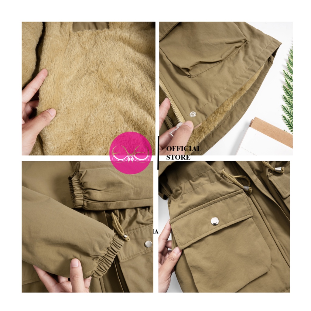 Áo khoác parka nữ kaki mũ trần lông túi hộp chéo có dây rút ro, ao khoác mùa đông EvaLover 805