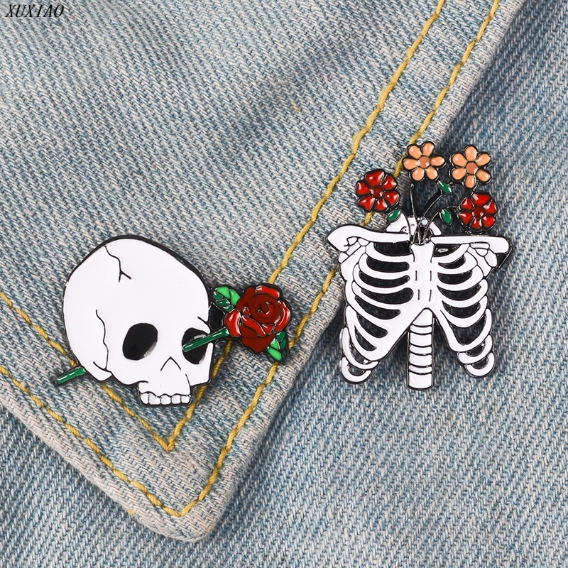 Ghim Cài Áo Hình Lồng Xương Phối Hoa Phong Cách Gothic Punk Dùng Làm Quà Tặng Cho Bạn Bè