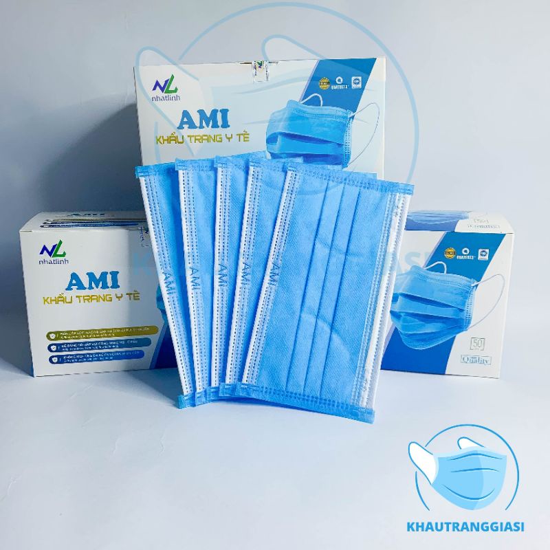 Khẩu trang y tế Ami giấy kháng khuẩn 4 lớp màu xanh hộp 50 chiếc