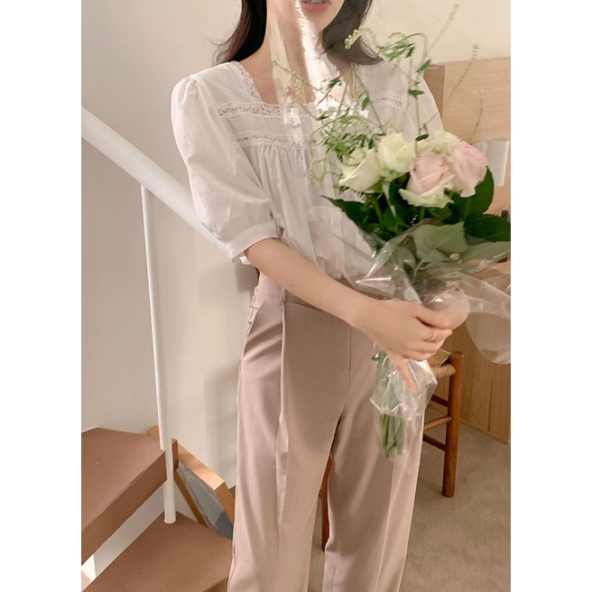 Áo Sơ Mi Trơn Ngắn Tay Phối Ren Xinh Xắn 48836