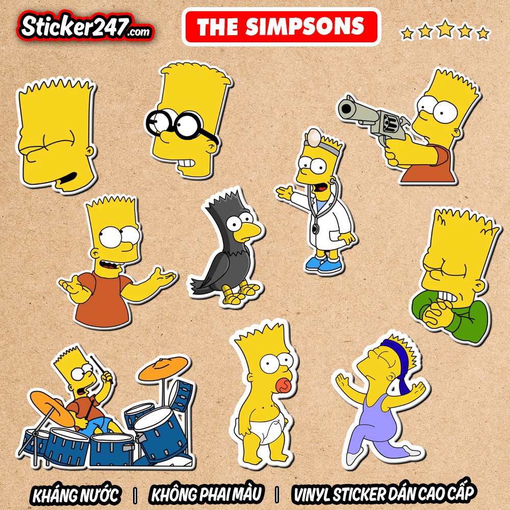 Sticker Bart Simpson hoạt hình The Simpsons ▪️ Chống nước ▪️ Dán Laptop, đàn guitar, mũ bảo hiểm, vali ▪️ Sticker 247