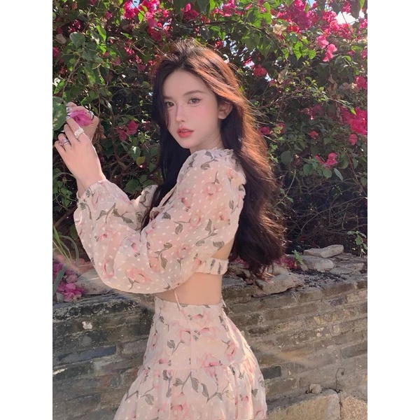 SẴN S | Set áo croptop voan hoa + chân váy xoè 2 tầng