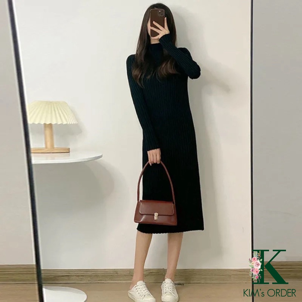 Váy len dáng dài nữ màu nâu đen be cổ 3 phân dài tay phom suông đầm len basic đi chơi đi học đi làm thời trang Hàn Quốc