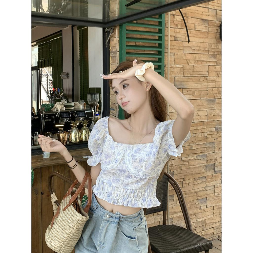 Áo Kiểu Tay Phồng Xếp Ly Phối Ren Hoa Ngọt Ngào Nữ Tính  tao bao
