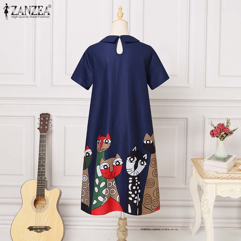 ZANZEA Đầm midi cổ rùa tay ngắn in hình động vật vintage cho nữ