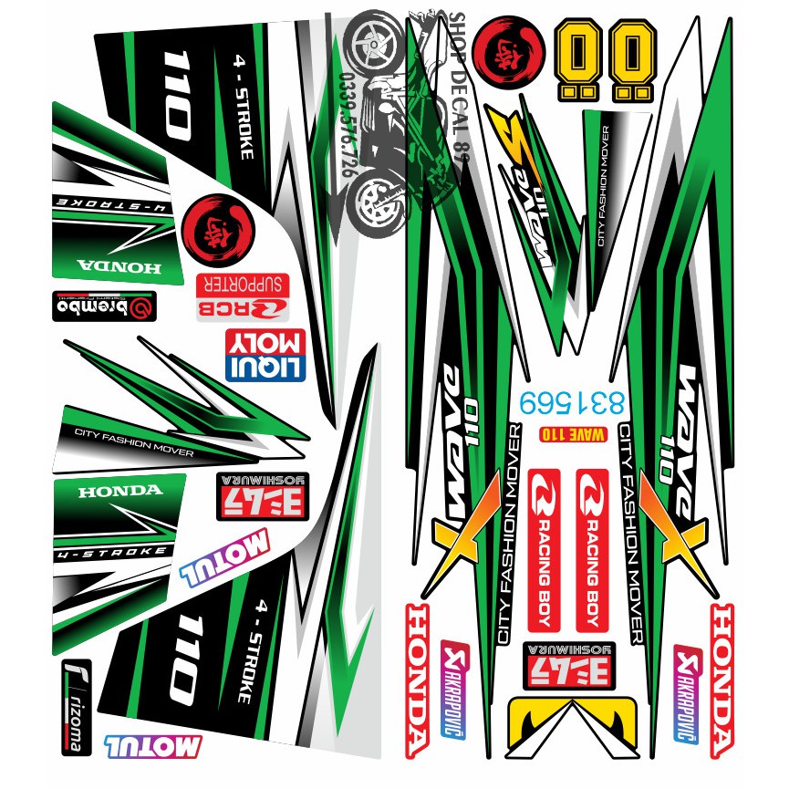 Tem Rời WAVE ALPHA 110 Chữ X XANH LÁ ĐEN TRẮNG 831569 (Tem 3 Lớp Chống Bay Màu)