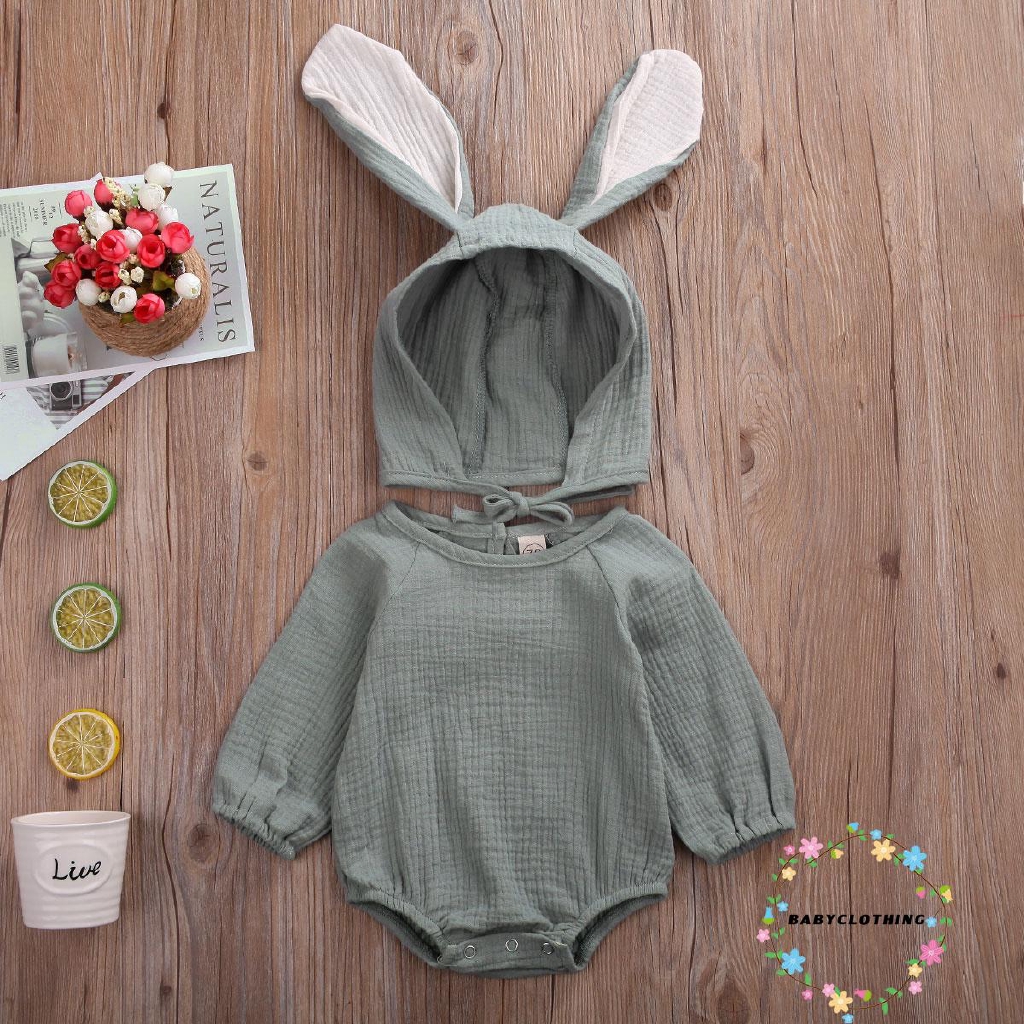 Bộ áo liền quần dài tay ôm dáng bằng vải lanh cotton + nón tai thỏ 3D đáng yêu cho bé từ 0-24 tháng tuổi