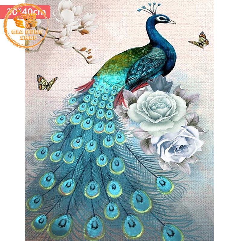 (Tranh Đính Đá Chim Công) Tranh Đính Đá Tự Hoàn Thành Kích Thước 40x30cm Tranh Gắn Đá DIY