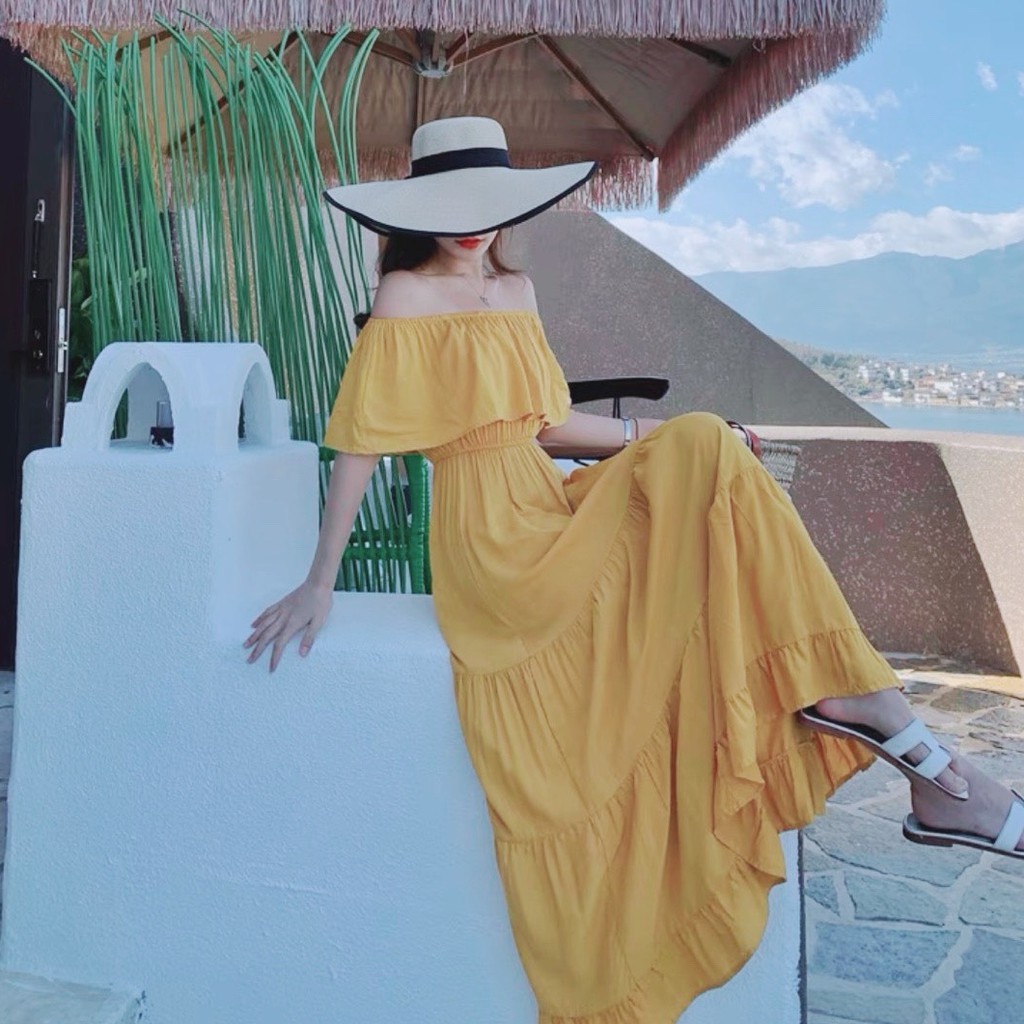 Váy Maxi Tầng Trễ Vai Vàng Chanh Cực Hot | BigBuy360 - bigbuy360.vn