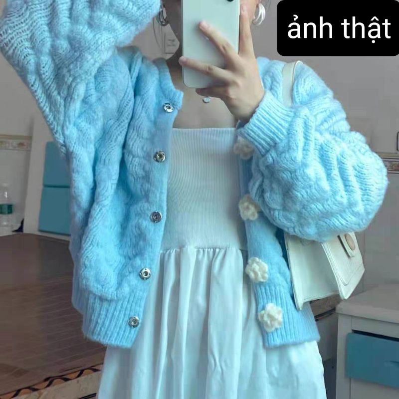 Áo len cardigan cút áo cài hoa hồng nhiều màu mùa đông năm 2021 thời trang ulzzang Hàn Quốc