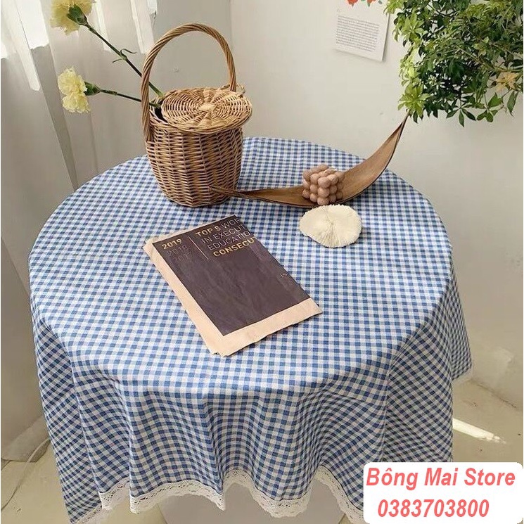 [Loại đẹp 90*151] Khăn trải bàn vải canvas họa tiết kẻ nhí VIỀN REN phong cách Nhật Bản nhẹ nhàng vintage [T007]