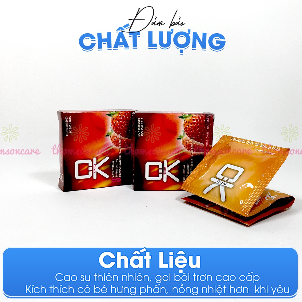 Bao cao su Ok hương dâu - giao hàng kín đáo, che tên sản phẩm - Hộp 3 chiếc bcs condom mỏng