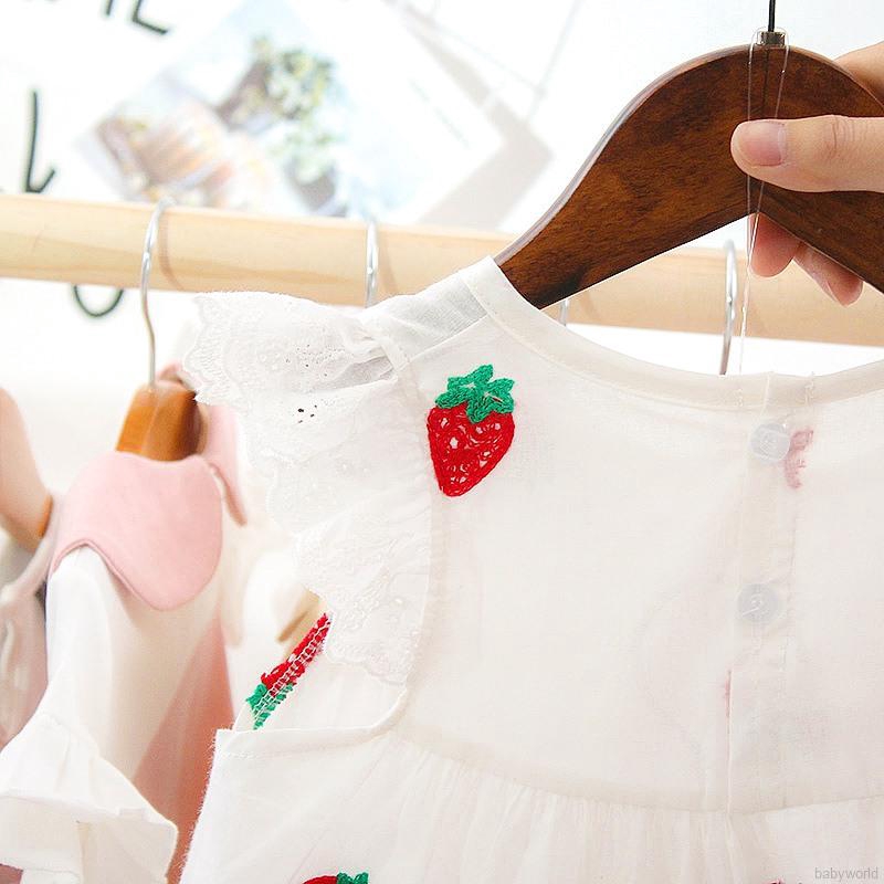 Đầm ngắn tay in hình quả dâu cho bé gái