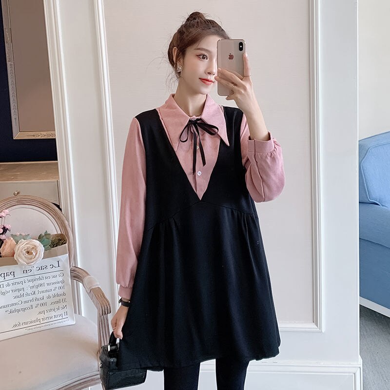 Áo thun tay dài giả hai lớp dáng rộng thời trang mùa thu cho mẹ bầu