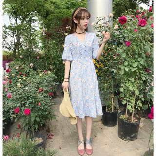[Có sẳn ] Đầm maxi hoa nhí cổ V