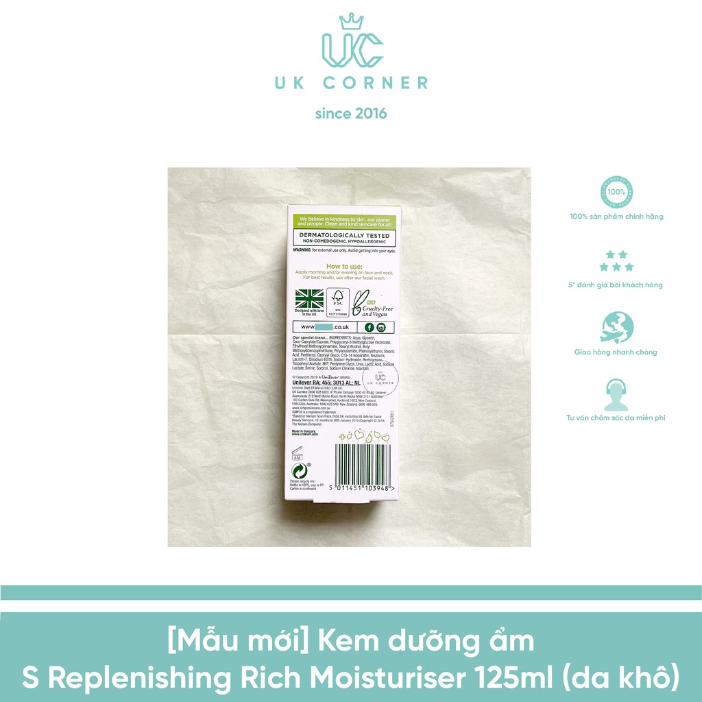 Kem dưỡng ẩm Simple Replenishing Rich Moisturiser 125ml (da khô)