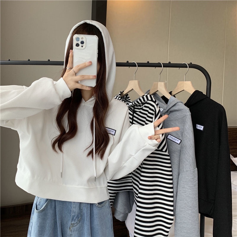 Áo Hoodie Lửng Tay Dài Dáng Rộng Phong Cách Hàn Quốc Thời Trang Thu Đông Cho Nữ