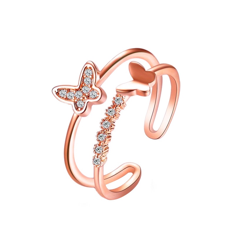 Classic Double Butterfly Diamond Rose Gold Ring Open Adjustable Ring Female Fashion Jewelry Gift