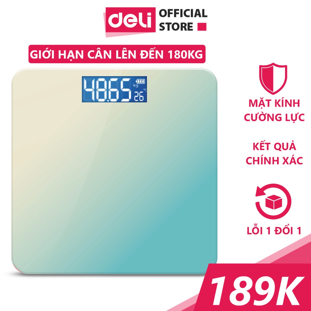 Cân điện tử sức khỏe Deli màu vàng xanh phân tích chỉ số cơ thể lên đến 180kg bảo vệ sức khỏe cho gia đình của bạn