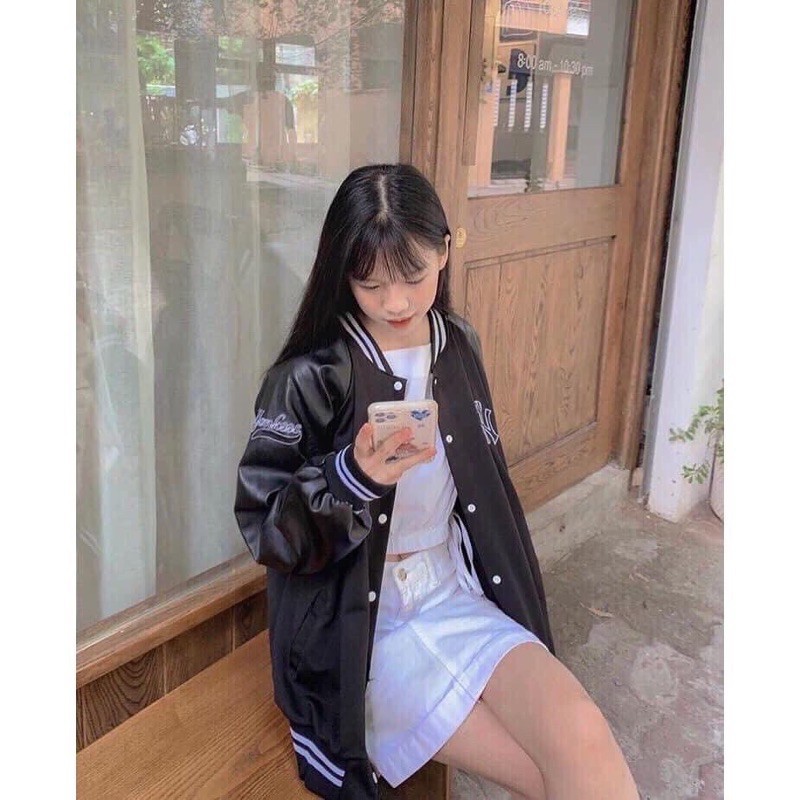 Áo khoác bomber nỉ da cá phối tay da nam nữ NY F20 dưới 65kg | BigBuy360 - bigbuy360.vn