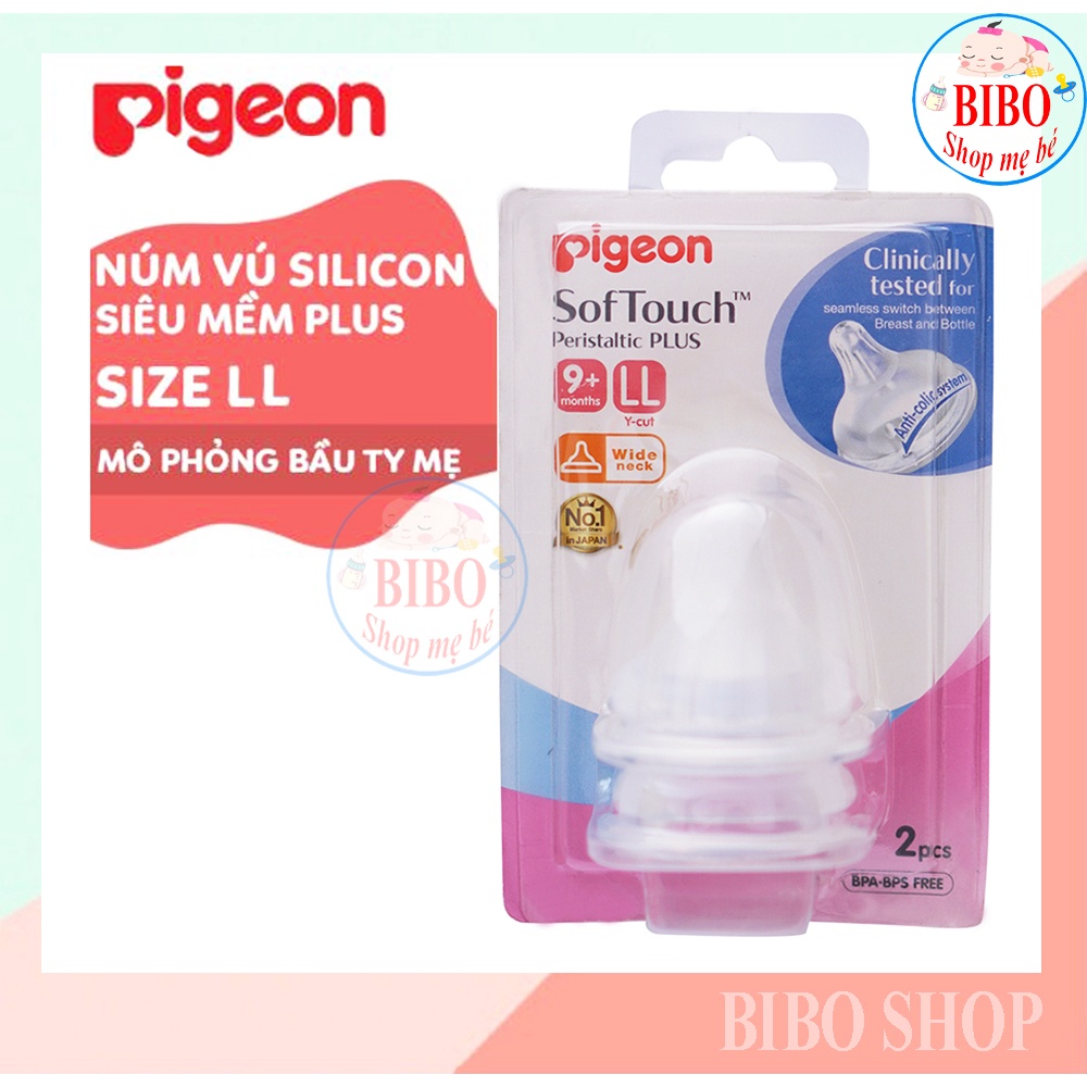 Núm Ty Cổ Rộng, Núm Vú Silicone Siêu Mềm Plus Pigeon 2 Cái/Vỉ