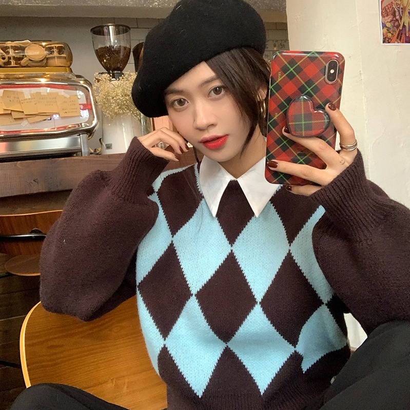 Áo Sweater Dệt Kim Dáng Rộng Màu Sắc Tương Phản Phong Cách Retro Dành Cho Nữ