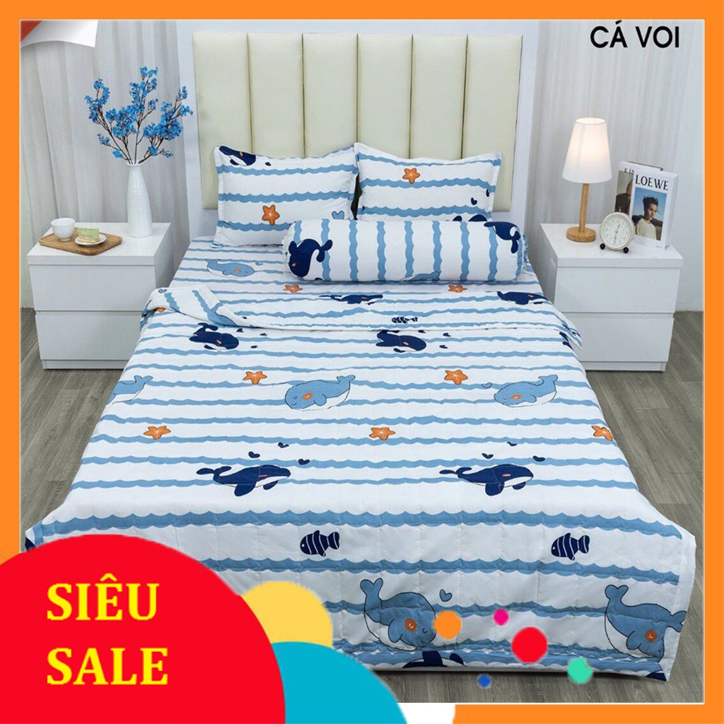 Bộ 3 Món ga gối cotton poly 1m6 x 2m , Mẫu Cá heo xanh
