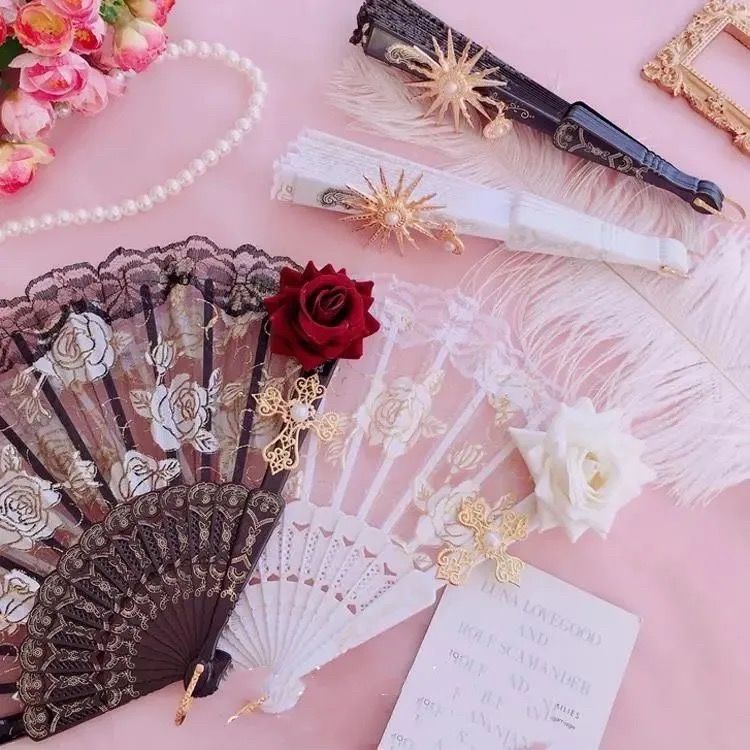 Quạt Ren Họa Tiết Hoa Hồng Phong Cách Lolita Châu Âu Cổ Điển