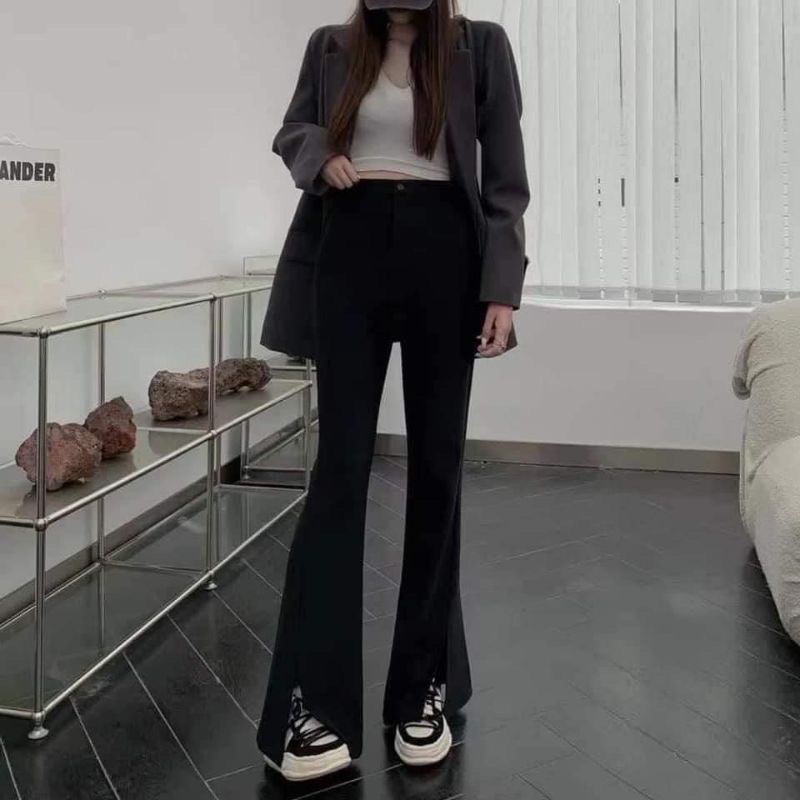 Quần ống loe xẻ gấu trước cạp cao tôn dáng chất tuyết mưa_Linhchi.studio
