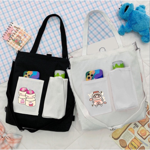 Túi Vải Tote Kiêm Balo avocado TBL1 quả bơ trà sữa trứng lười yakult hoa cúc GD bò sữa gudetama shiba roro jump