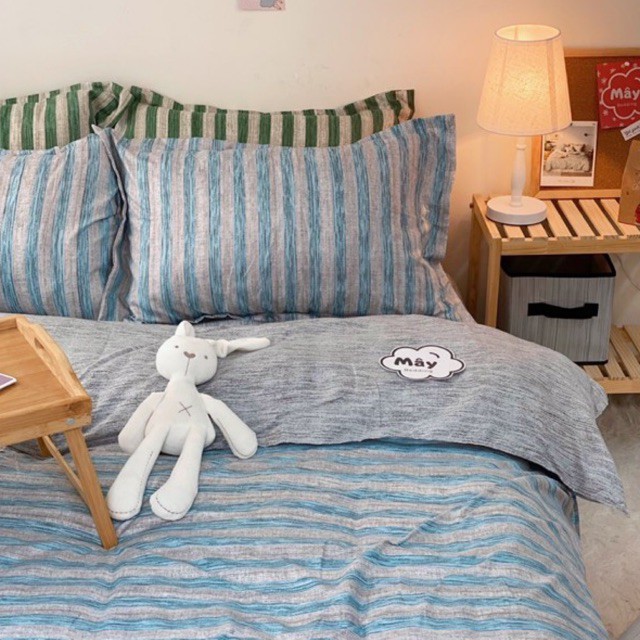 Bộ chăn ga gối Cotton Poly hoạ tiết kẻ 4 màu cam xanh lá xanh dương nâu MÂY BEDDING đủ kích thước nệm