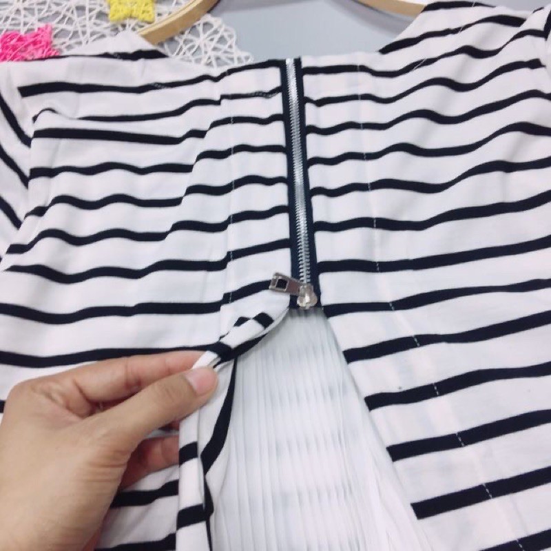 [Tặng Vòng Dâu Cho Bé} Áo Bầu Kẻ Khóa Sau Lưng Dài Tay
