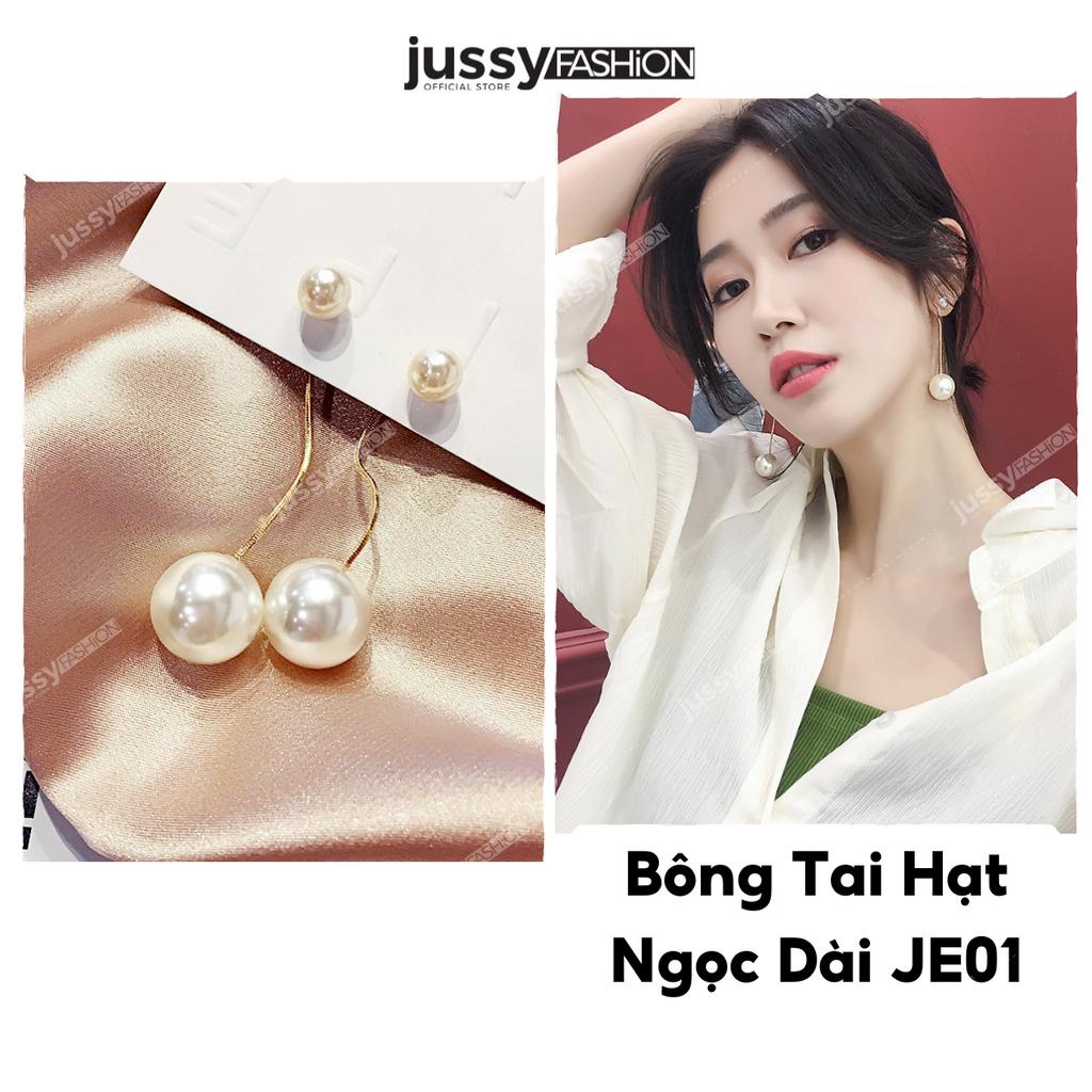 Khuyên tai Nữ Dáng Dài Đính Đá Sang Trọng JE01 Jussy Fashion Bông Tai Ngọc Trai NHân Tạo Hàn Quốc