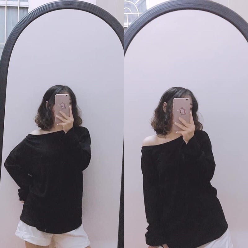 Áo trễ vai tay dài form rộng Ulzzang trắng xinh tay phồng bánh bèo thun hở vai dài tay nữ form rộng hàn quốc
