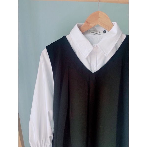 Pass Set Váy sơ mi trắng + Áo gile