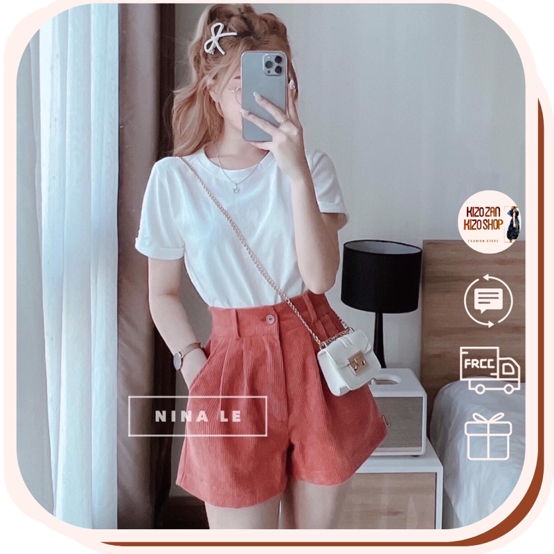 Quần đùi nữ lưng cao ống rộng đẹp phong cách Hàn Quốc, quần sooc nhung short ngắn mặc nhà cạp chun 232 Kizoshop