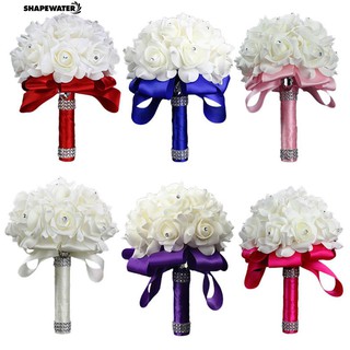 Bó hoa hồng giả cho cô dâu đính kim cương giả tay cầm quấn dây ruy băng satin xinh xắn