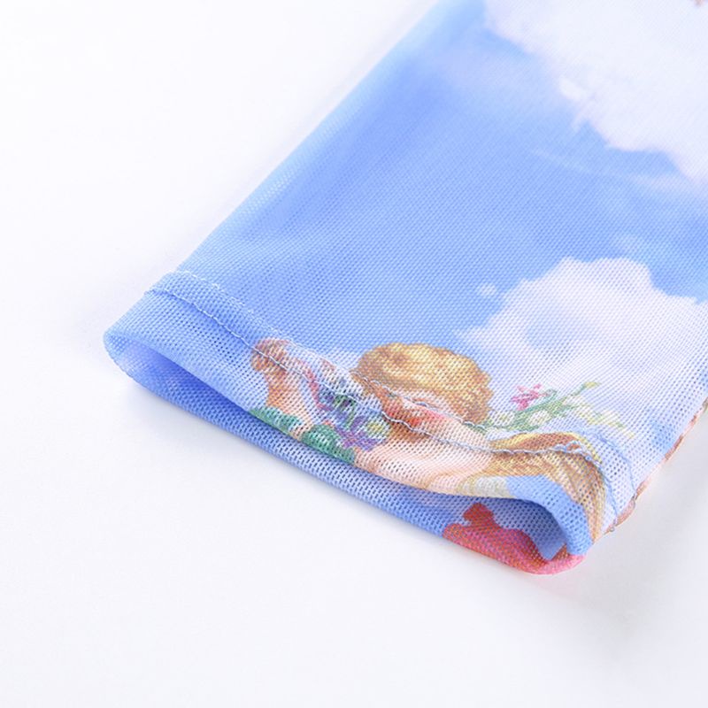 Áo Croptop Tay Dài Cổ Giả In Hình Thiên Thần Tình Yêu Màu Sắc Lãng Mạn Thời Trang Mùa Hè Cho Nữ