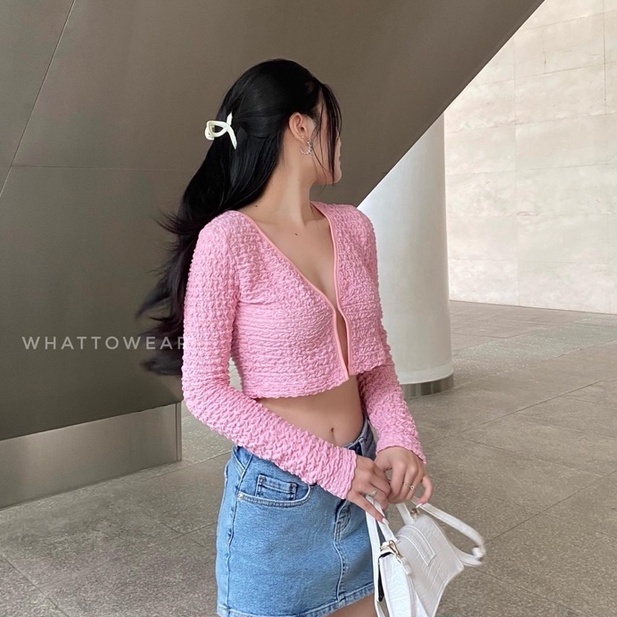 Áo cardigan croptop vải xốp cài móc nhiều màu | BigBuy360 - bigbuy360.vn