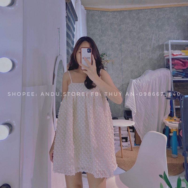 Váy babydoll 2 dây 2 lớp dập hoa nổi⚡️ANDU STORE⚡️ đầm babydoll ulzzang đẹp