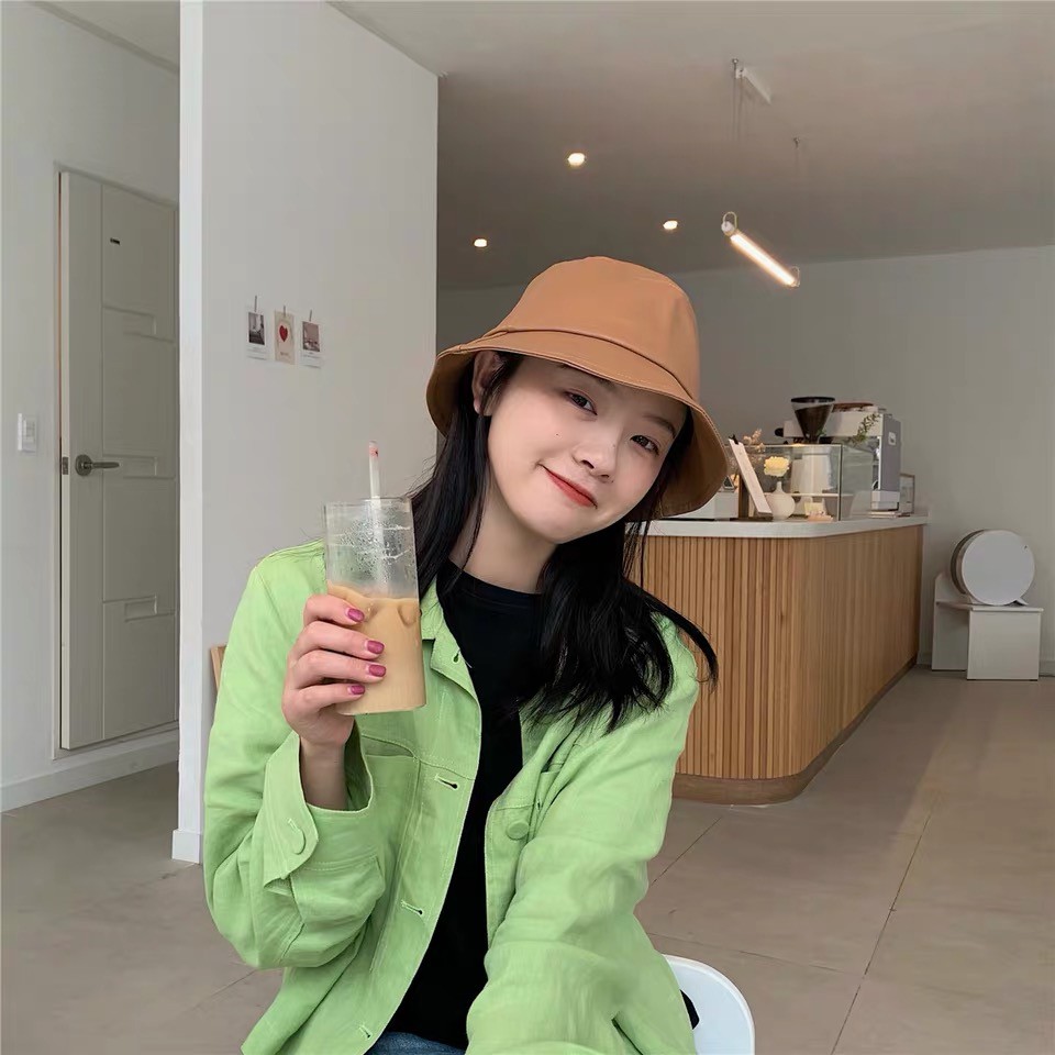 Mũ Bucket Chất Liệu Da Màu Trơn Thời Trang Thu Đông Phong Cách Hàn Quốc