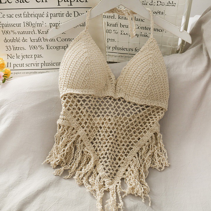 Áo Lưới Yếm Tua Rua Đi Biển MK MAIKA mẫu mới móc len MKF002 Kem | BigBuy360 - bigbuy360.vn