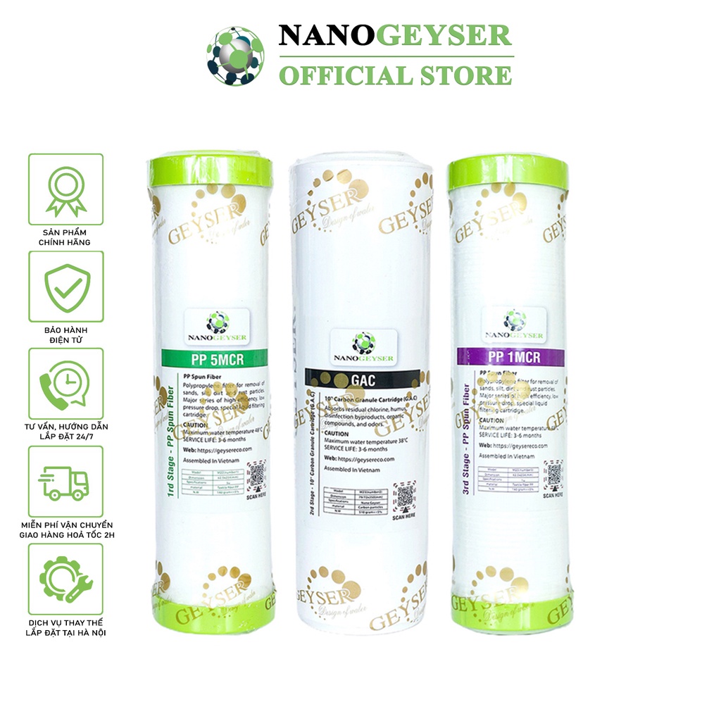 Bộ 3 lõi lọc nước 123 dùng cho các dòng máy RO, PP 5MCR, GAC, PP 1MCR Nano Geyser