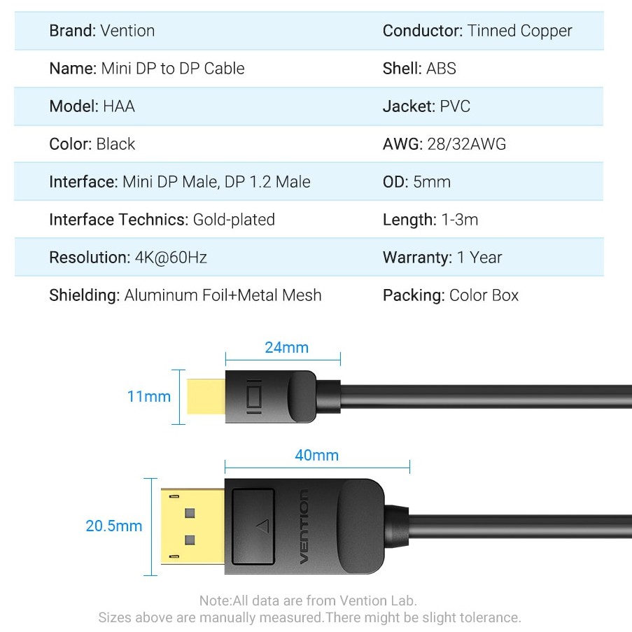 Vention Cáp Chuyển Đổi Mini DisplayPort Sang DisplayPort Thunderbolt Cho Máy Tính