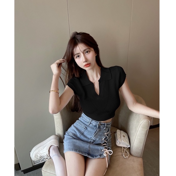 QADCOL  Áo Thun Dệt Kim Cổ POLO Tay Ngắn Dáng Ôm Thời Trang Mùa Hè Hàng Mới Dành Cho Bạn Nữ