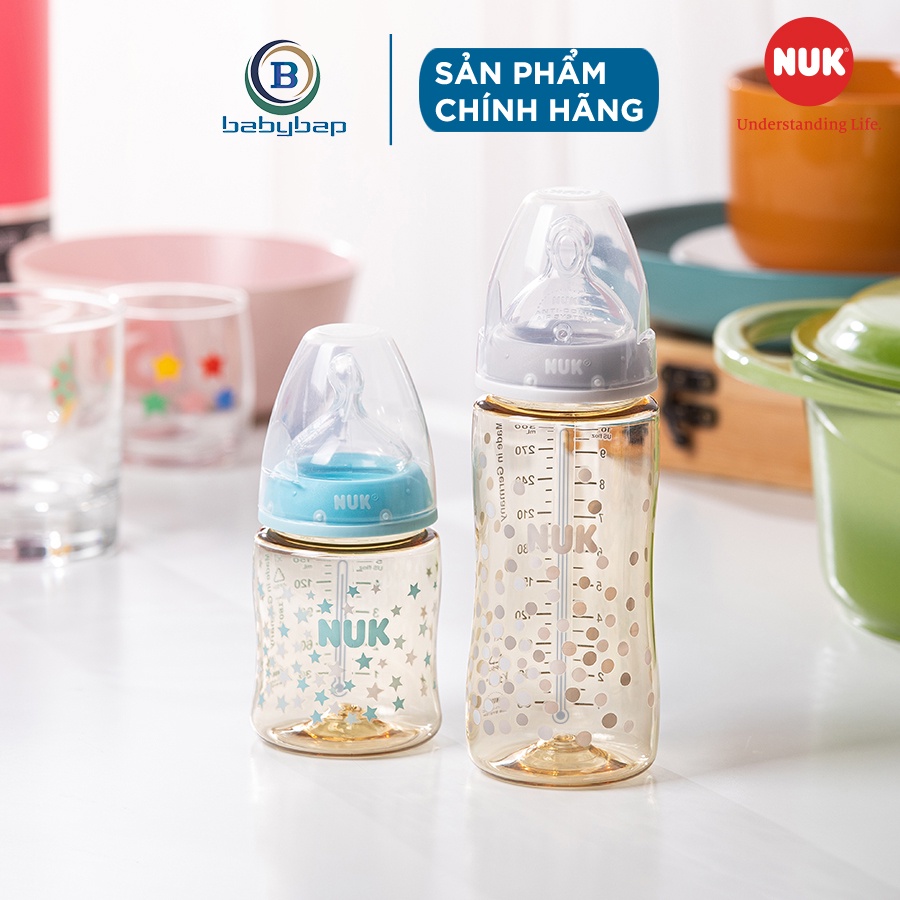Bình Sữa Cảm Biến Nhiệt NUK PPSU 150ml/300ml Núm Ti Dẹt Chỉnh Nha Độc Quyền Của NUK